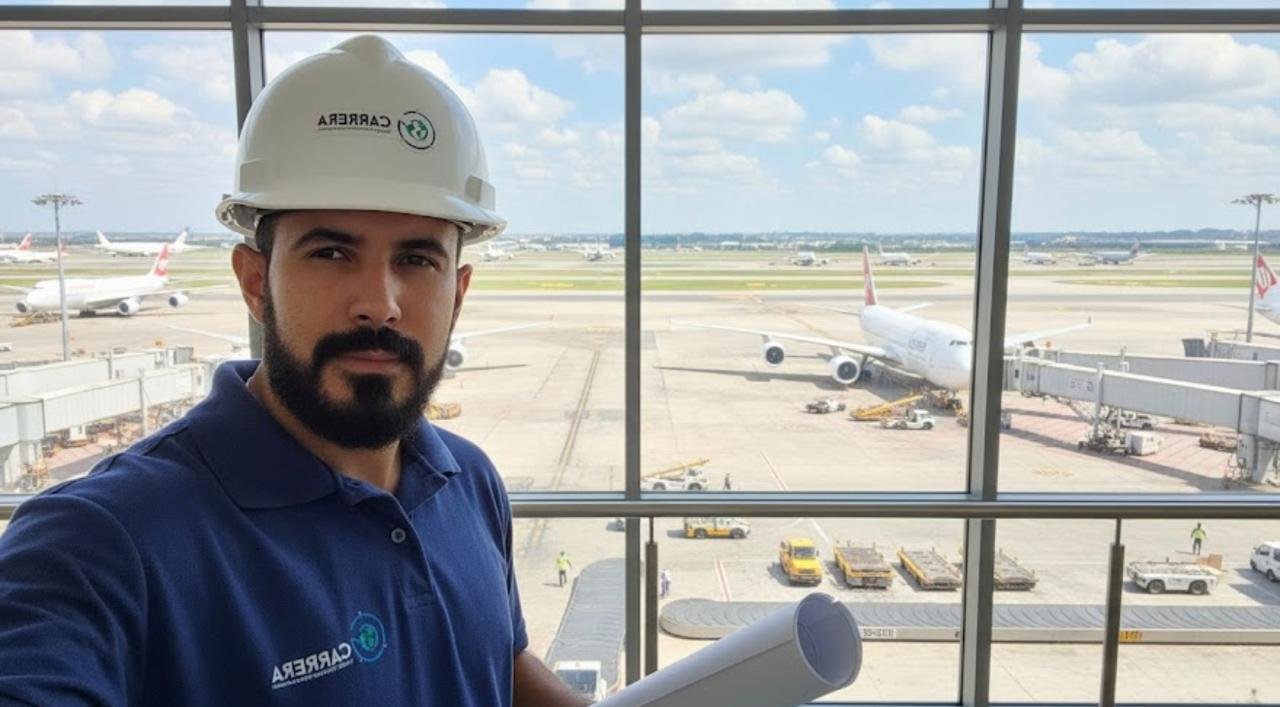 Profissional da Carrera Topografia em serviço no Aeroporto de Congonhas