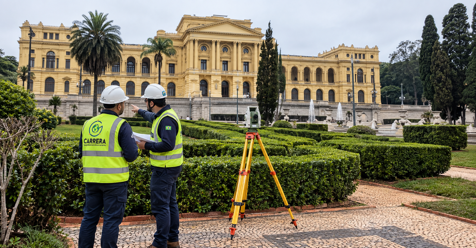 Equipe de topografia diante do Museu do Ipiranga