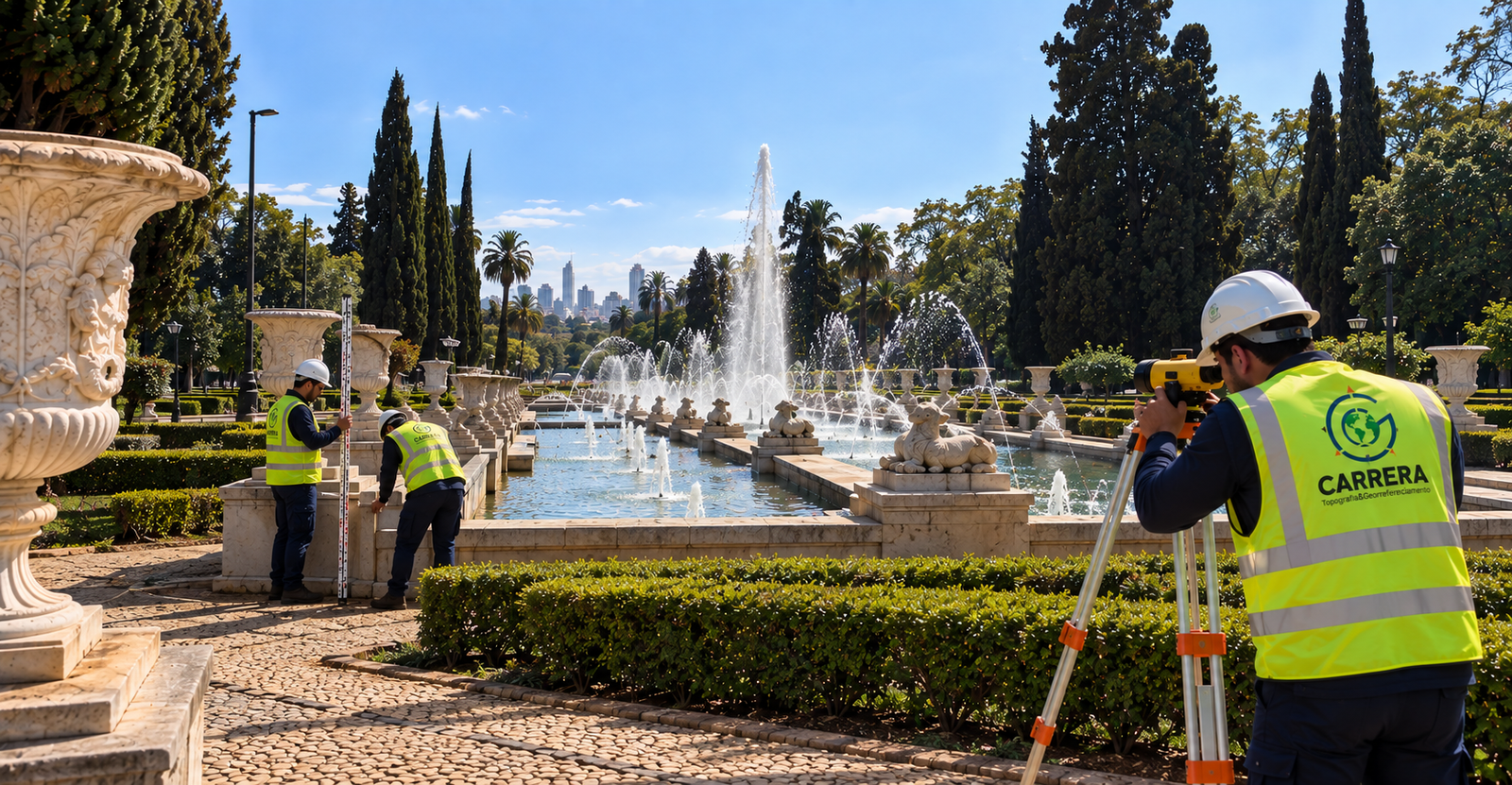 Topógrafos no Jardim das Fontes do Museu do Ipiranga